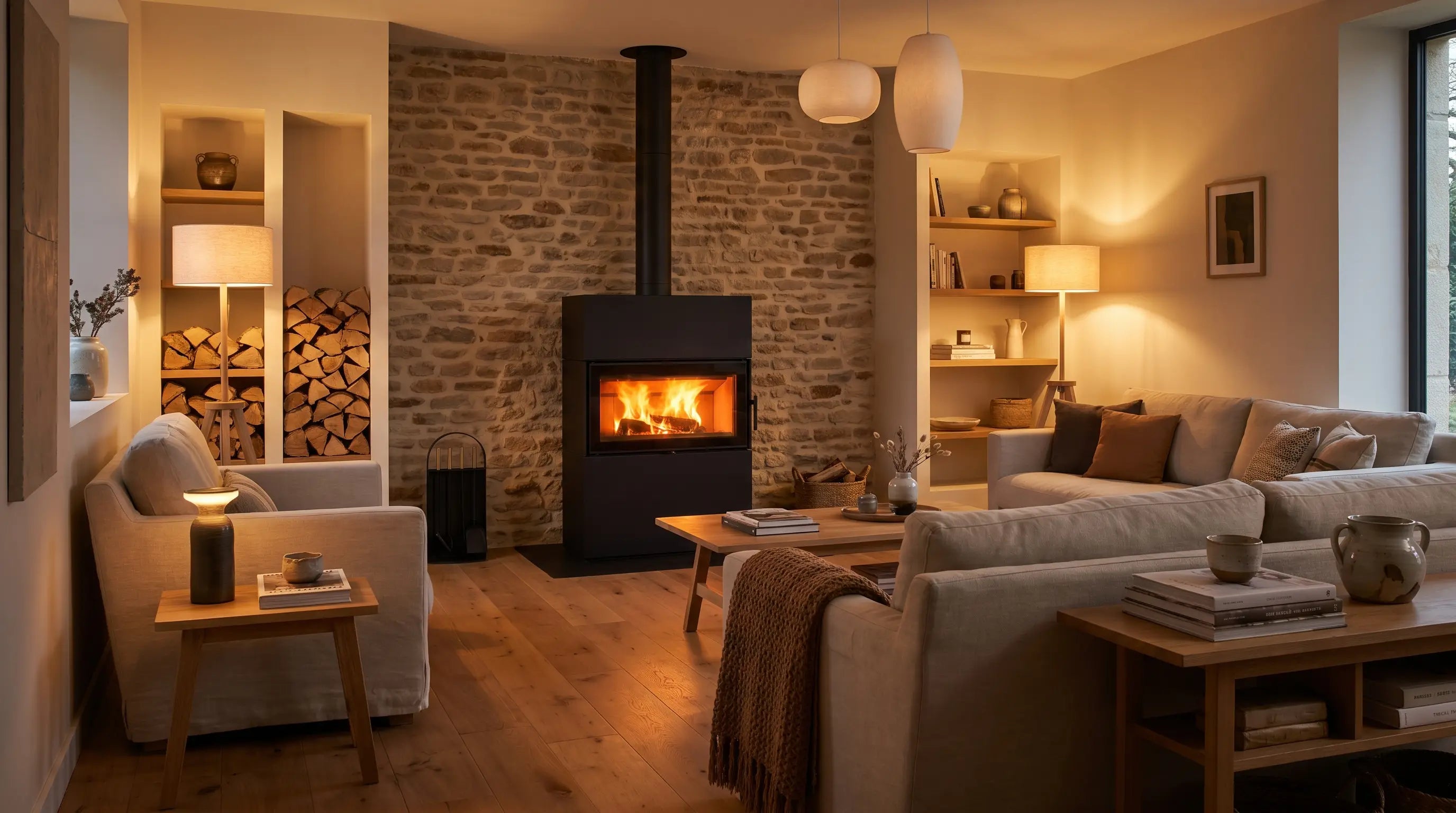 Salon contemporain réchauffé par un poêle à bois installé par Créa Décor